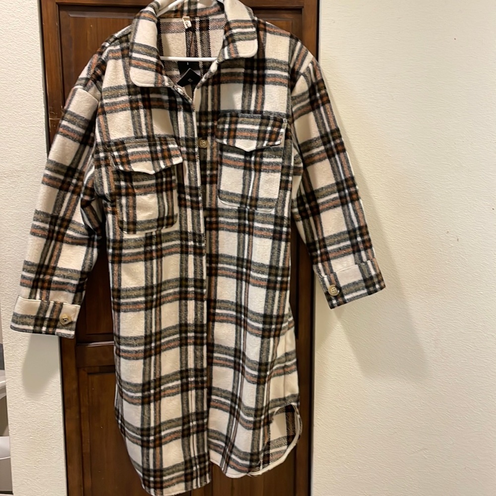 Knee length plad jacket, white, orange, yellow, and black striped